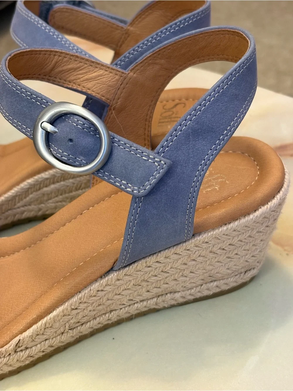 Sofft Inez Blue/White Leather Espadrille Wedge Strap Sandals Womens Sz 11